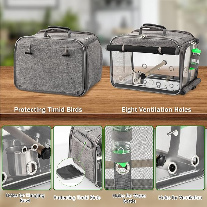 Bird Carrier Airline Approved, Bird Travel Cage with Indestructible Stainless Steel Mesh, Bird Travel Bag Lightweight and Portable with Water Bottle and Bowl