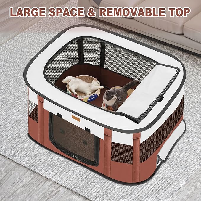 Dog Playpen - Foldable Cat Play Pens for Pubby, Kitten, Rabbit, Portable Pet Tent with Carring Bag for Indoor/Outdoor Travel Camping (Brown-Medium)