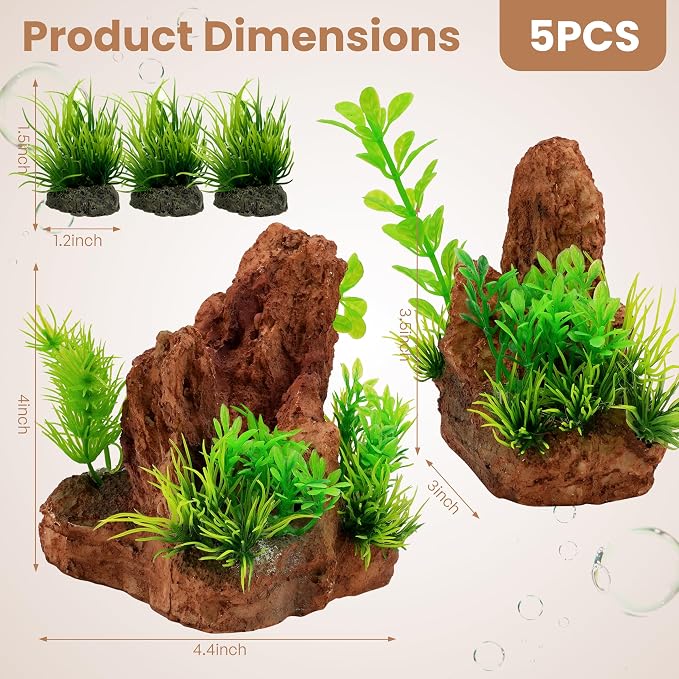 Fish Tank Decorations Artificial Small Resin Hideout Cave Plants | Resin hideout cave for fish tank decor, 6pcs aquarium decoration with lifelike plants, reduce stress for small tropical fish