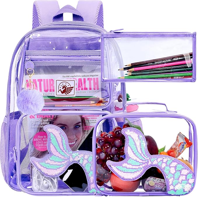 Clear Backpack for Girls and Boys, Kids Transparent Bookbag, 3PCS Cute See Through School Bag for Elementary Prechool