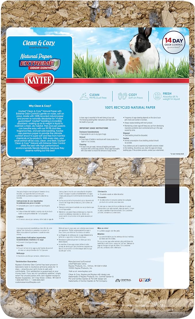 Kaytee Clean & Cozy Natural Paper with Extreme Odor Control Bedding, Made with 100% Recycled Paper