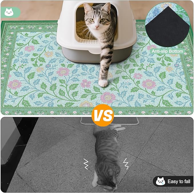 Glittme Cat Litter Mat with Non-Slip Bottom Litter Box Mat 33"X22" Litter Trapping Mat Easy to Clean Washable Cat Food Mat for Kitty,L