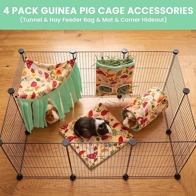 Guinea Pig Hideout, 4 Pack Fleece Cute Small Animal Tunnel & Hay Feeder Bag & Mat & Corner Hideout Cage Accessories for Guinea Pigs, Rabbit, Bunny, Ferret, Chinchilla, Hedgehogs