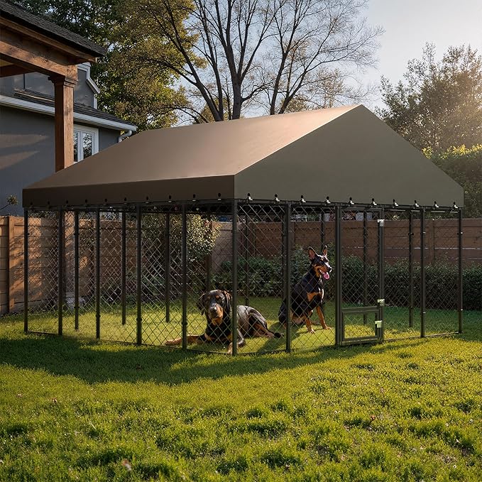 10x10FT Dog Kennel Outdoor with Roof - Heavy Duty Metal Fence Playpen for Large Dogs, Weatherproof Enclosure with Double Lock Gate & Feeding Swivel Door
