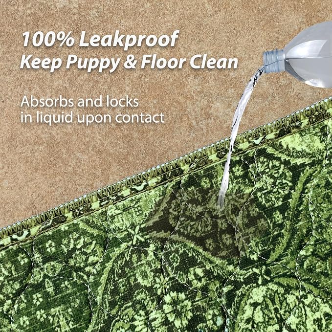 nunubaby Washable Pee Pads for Dogs, Stylish, Non-Slip and Leak-Proof Pee Pads. Reusable Potty Pads for Dogs for Crates and Floors.(Green/Multi,24" x48" )