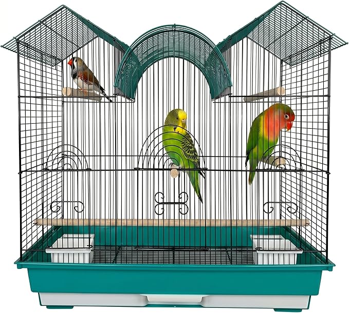 A&E Cage Co AE2614TT SP Blue Triple Top Bird Cage – 26" x 14" x 23" Decorative Small Bird Cage – Includes 2 Feeder Stations, 3 Wood Perches, Slide-Out Tray & Carry Handle (Teal)