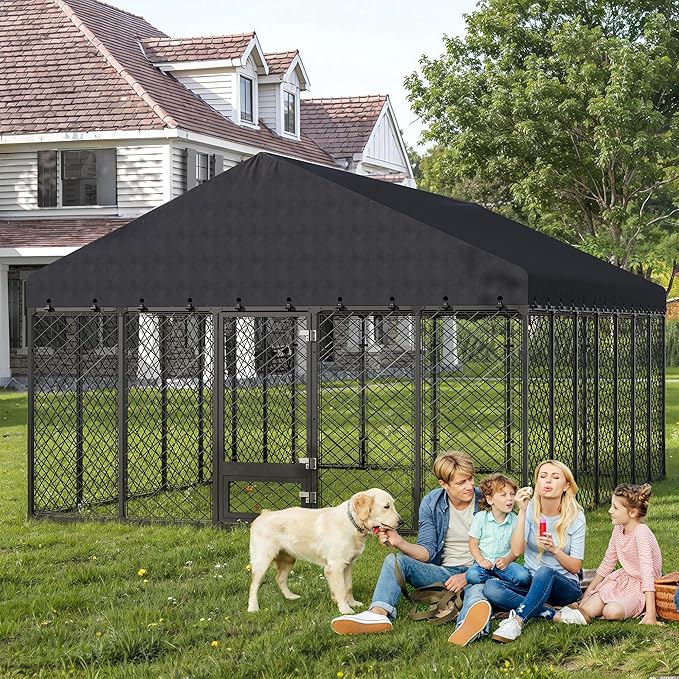 10x14×6.4 FT Heavy Duty Dog Kennel Outdoor with Secure Double Locks and Waterproof & UV Resistant Roof Cover,All Weather Resistant Anti-Rust Metal Enclosure for Large Dogs