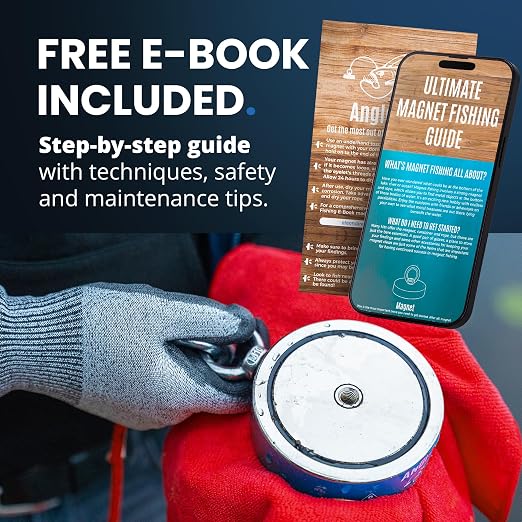 AnglerMag™ Magnet Fishing Kit - 2600 lbs Double Sided Neodymium Magnetic Fishing Stuff with Rope - 10 PCS Extra Strong Complete Gift Set with eBook, Carabiner, Gloves, Grappling Hook & Carrying Bag
