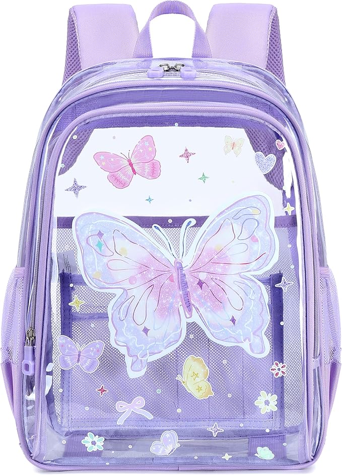 AO ALI VICTORY Clear Backpack for School,PVC Transparent Kids Bookbag for Girls Boys Cute Toddler Back Pack Kindergarten Elementary Schoolbag Stadium Approved See Through Backpacks, Purple Butterfly