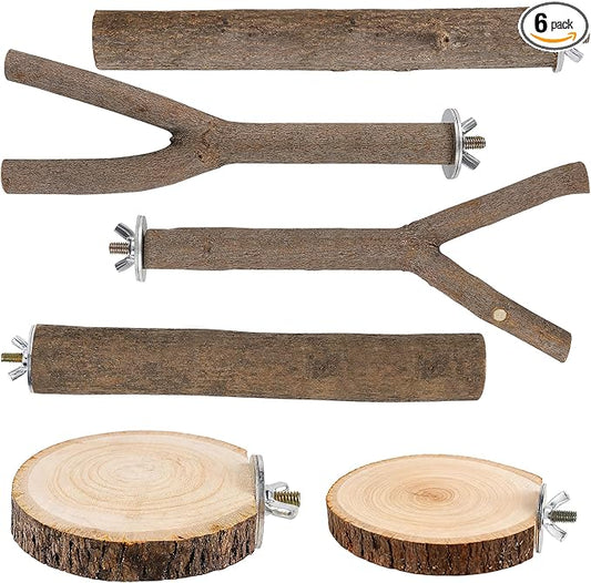 6 PCS Bird Perch Set, Natural Birch Wood Straight & Forked Perches with Platforms for Parakeets, Cockatiels, Conures, Lovebirds - Cage Accessories for Climbing & Exercise