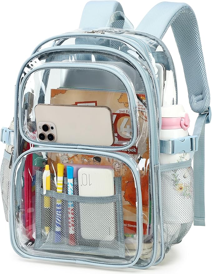 abshoo Large Heavy Duty Clear Backpack For School Bookbag Transparent Multi Pocket Backpacks (Blue)