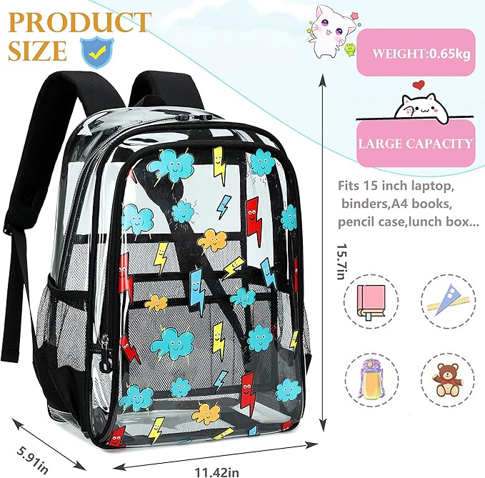 AO ALI VICTORY Clear Backpack for School,PVC Transparent Kids Bookbag for Girls Boys Cute Toddler Back Pack Kindergarten Elementary Schoolbag Stadium Approved See Through Backpacks,Black Lightning