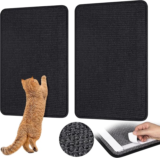 Graciadeco Black Cat Scratching Mat Sisal, 2 Packs Sisal Fabric Large Cat Scratching Pad for Indoor Cats with Adhesive Hook Loop Tape, Wall Scratchers for Indoor Cats 23.6" x 15.7"