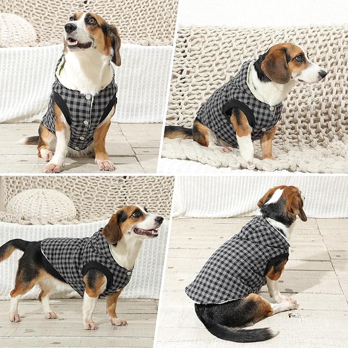 Vecomfy Fleece Lining Dog Hoodie for Medium Dogs Extra Warm Plaid Sweater with Drawstring Hooded Coats in Winter Doggie Jacket,Black L