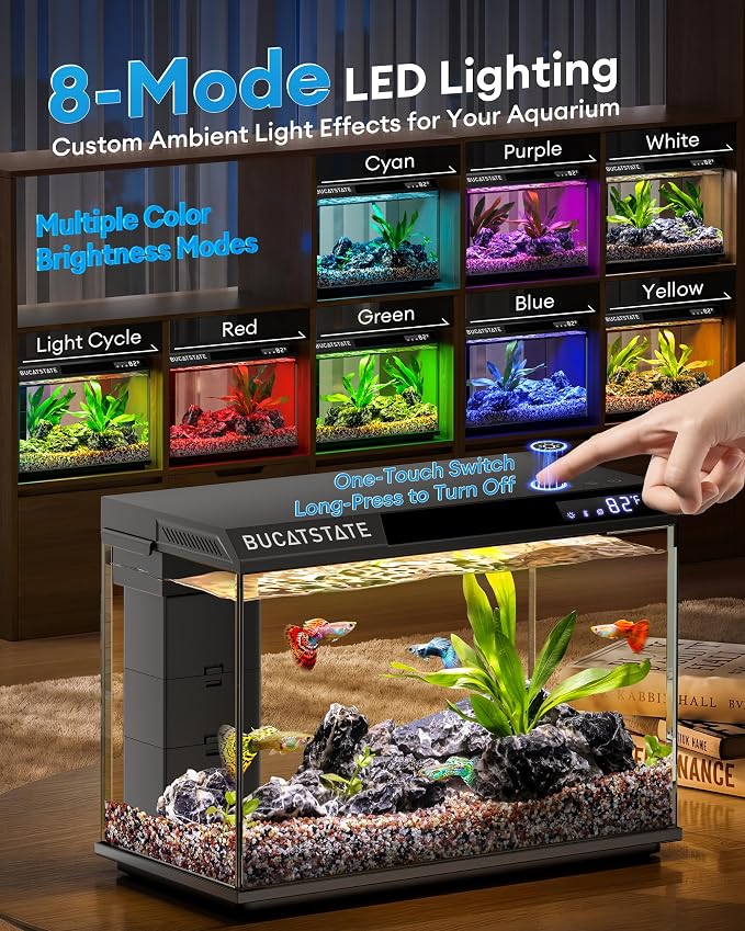 BUCATSTATE 2.6 Gallon Small Fish Tank, 3 Stage Filtration Aquarium (Black) | Independent Waste Compartment Aquarium, Quiet 3 in 1 Pump, Real-Time Temp Display, 8-Mode LED Light, Multi Safety Protection