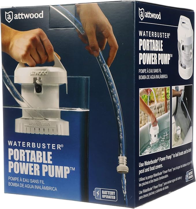 Attwood WaterBuster Portable Submersible Pump, Battery Operated Cordless 200 GPH Utility Water Removal Pump, For Pool Covers, Kayaks & Inflatables, 4140-4