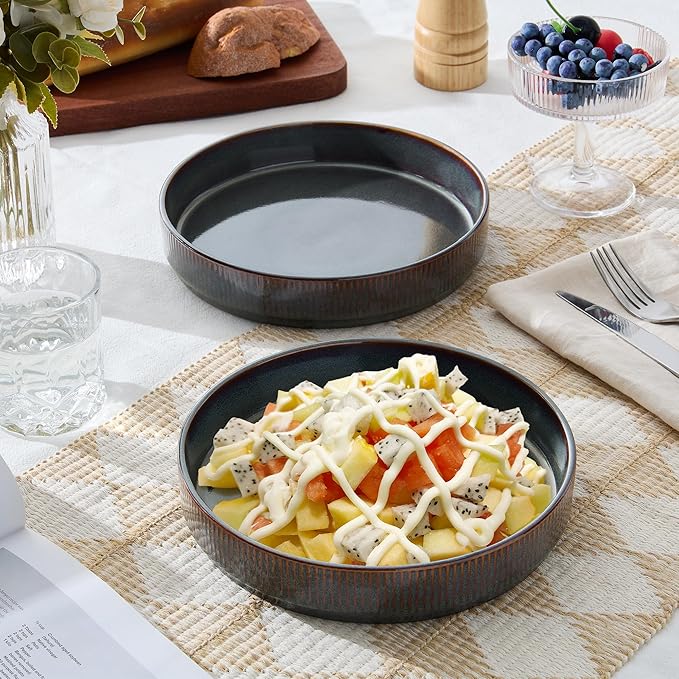 E-far Pasta Bowls Set of 6, 35oz Large Salad Bowl Plate for Dinner Serving, Wide & Shallow Ceramic Stoneware Pasta Plates, Microwave & Dishwasher Safe, Reactive Glaze Textured Stripes, Blackish Green