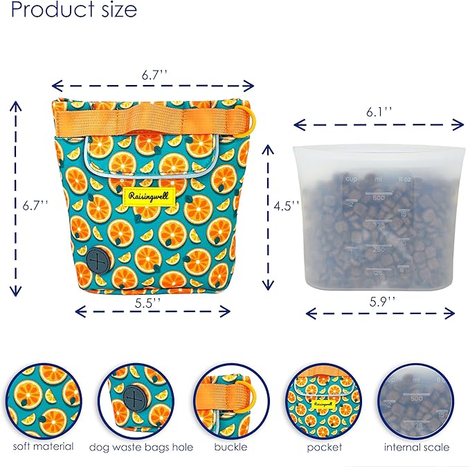 Raisingwell Dog Treat Pouch for Pet Walking and Training with Clicker 2 Cup Silicone Bag Small Fanny Pack Holder for Puppy Snack Dispenser Kit for Leash and Outdoor Use (Fruit Orange)