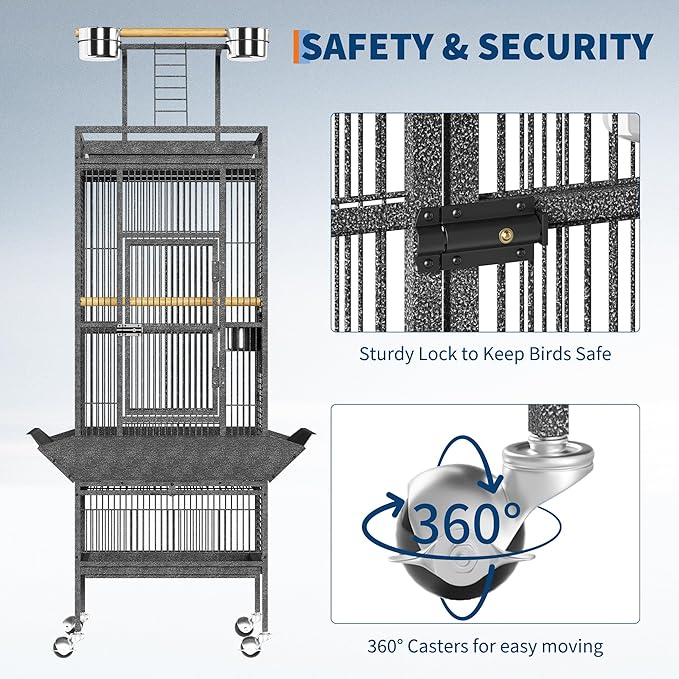 61" Extra Large Bird Cage with Play Top & Rolling Stand – Wide Metal Parrot Cage for Macaws, Cockatoos, Conures, Parakeets, Lovebirds – Includes Bowls
