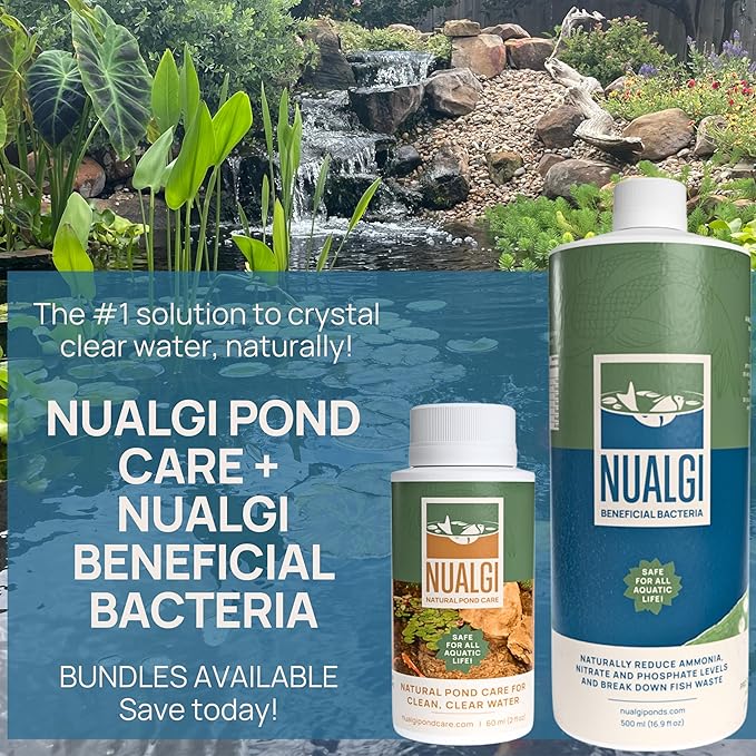 Nualgi Beneficial Bacteria, 16.9 oz Enzyme Bacteria for Freshwater & Organic Ponds, Starter Bacteria for Outdoor Water Gardens, Natural Pond Stabilizer for Fish, Pets & All Aquatic Life