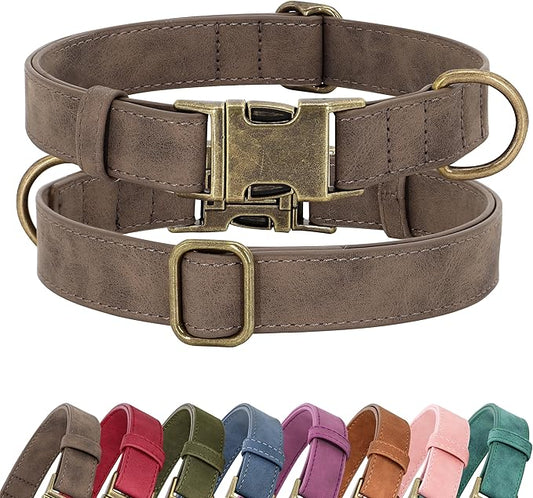 Didog Soft PU Leather Dog Collar, Stylish Quick Released Dog Collars for Medium Dogs, Easy Clean Adjustable Pet Collar for Daily Walking, Brown, M Fit 14-18" Neck