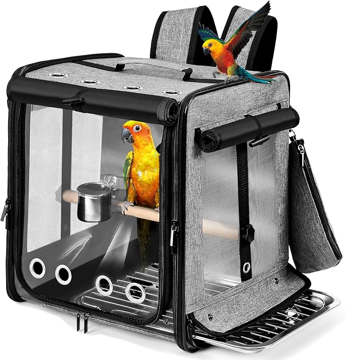 Bird Carrier with Seat Belt for Car Travel, Bird Backpack Carrier with Indestructible Stainless Steel Mesh, Large Bird Carrier Travel Cage, Grey