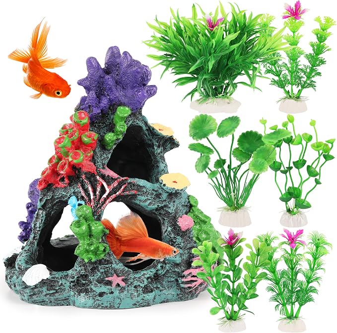 MyLifeUNIT Fish Tank Decorations, 7 Pieces Aquarium Plants Set with Coral Reef Decoration Mountain Cave Ornament for Betta, Goldfish, Shrimp to Breed, Play and Rest (Green)