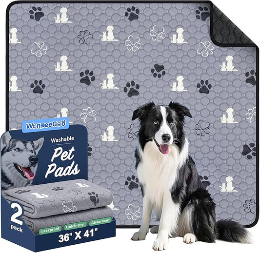 WanpeeGoo Washable Pee Pads for Dogs, 2 Pack Absorbent Reusable Training Dog Pads Pet Puppy Pads, Non-Slip Potty Pads for Whelping, Playpen, Crate, Bed, Grey 36"x41"