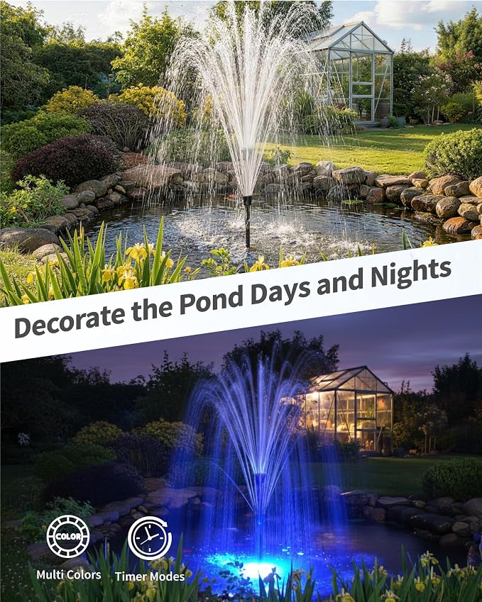 Pond Pump with LED Lights, 660GPH Submersible Pump RGB Pond Filter System with Adjustable Height & Water Flow for Garden Pond Fish Tank Day & Night Pond Decoration -P1104D