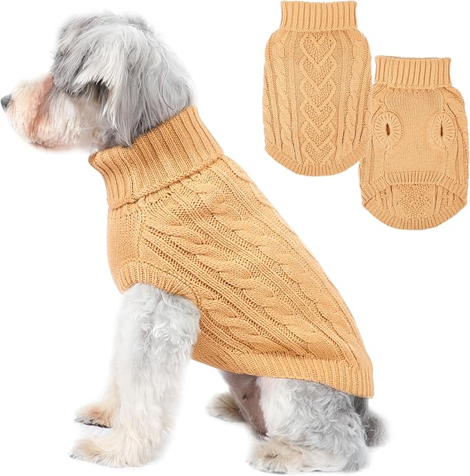 Dog Sweaters Small Dog Clothes for Winter Solid Knitted Puppy Sweater Warm Pet Cat Sweater Doggy Pullover Outfit with Heart-Shape Design(Light Brown,Large)