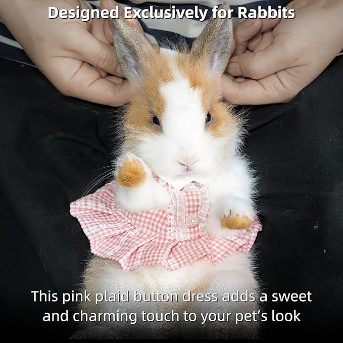 SMOLKITH Rabbit Clothes - Bunny Adjustable Pink Checkered Dress with Leash, Small Animal Apparel for Walking - Fits Guinea Pigs, Chinchillas, Meerkats, Prairie Dogs, Pet Rats and More