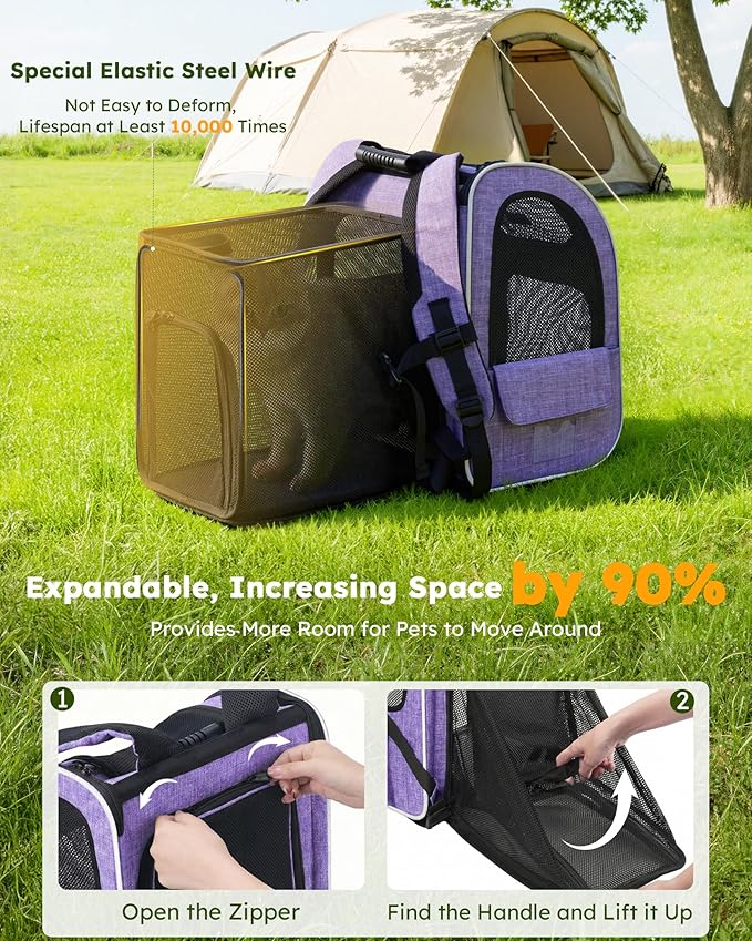 Pecute Cat Backpack Carrier Expandable, Pet Backpack for Cats & Small Dogs Up to 11lbs, with 4-Side Breathable Mesh, Multi-Entry & Lockable Zippers for Travel, Hiking, Camping - Hands Free, Purple