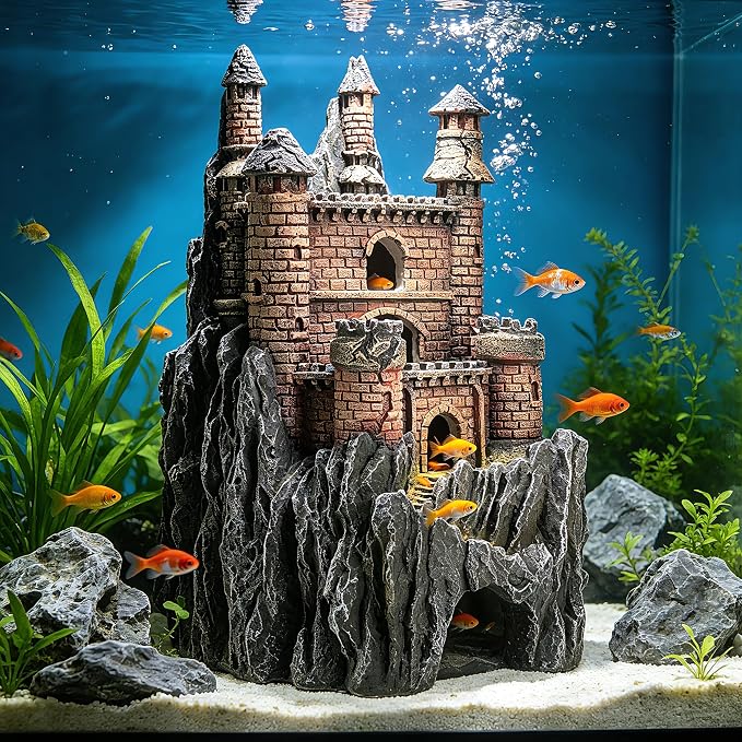 Teaeeno Age-of-Magic Wizard’s Castle Aquarium Décor-Resin for Freshwater and Saltwater Fish Tanks-Large House Ornament Kit -Gnome Fish Tank Decor Aquarium Decor-Charming Mermaid Decor Statue (Yellow)