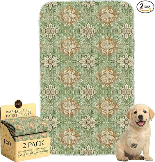 Washable Pee Pads for Dogs,Great Urine Absorbent Reusable Puppy Training Pads,Waterproof,Leak-Proof & Non-Slip Potty Pads for Whelping,Crate，Playpen，Bed.(Green Floral Flat, 24" x36" )