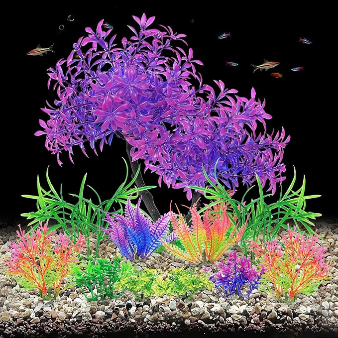 AQUANEAT Artificial Aquarium Plants, Fish Tank Purple Tree Decoration Set, Plastic Accessories, 11pcs
