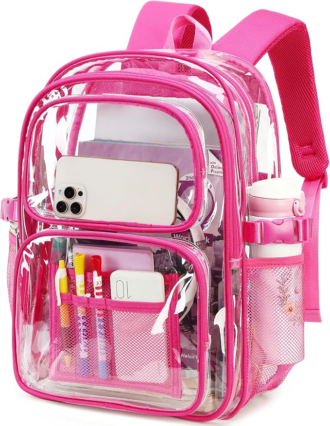 abshoo Large Heavy Duty Girls Clear Backpack for School Bookbag Transparent Multi Pocket Backpacks for Women (Hot Pink)