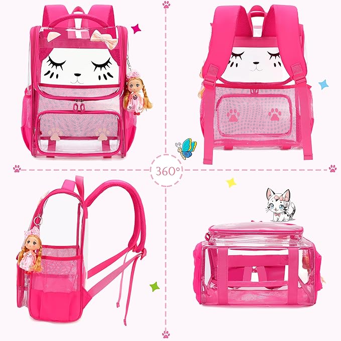 AO ALI VICTORY clear backpack Girls with Tote Bag Heavy Duty PVC Transparent Cute Backpack for Kids Toddler Preschool Bookbags Elementary School Bags See Through Casual Travel Daypack, Rose Red Set