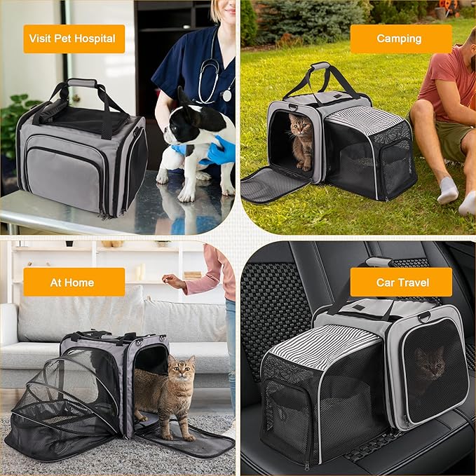 Cat Carrier with Litter Box, Soft Cat Travel Carrier with Food Carrier, Expandable Portable Cat Carrier for Car Travel, up to 20 lbs for Road Trip, Camping, Hiking, Gray