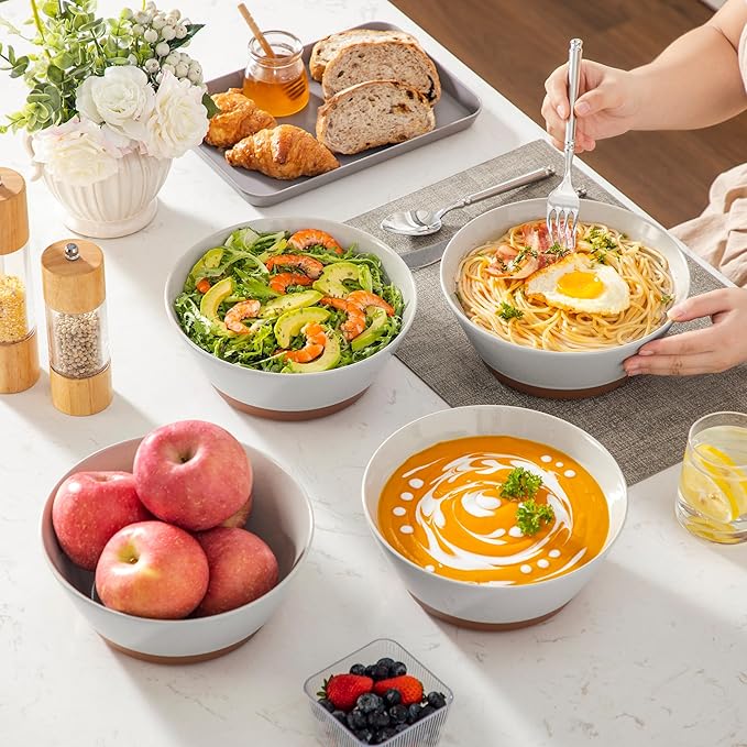 MALACASA Salad Bowls Set of 4, Soup Bowls for Kitchen, 60oz Large Ceramic Bowl for Ramen, Cereal, Fruit, Pho and Pasta, Microwave & Dishwasher Safe, Speckled Deep Bowls, Grey & Brown