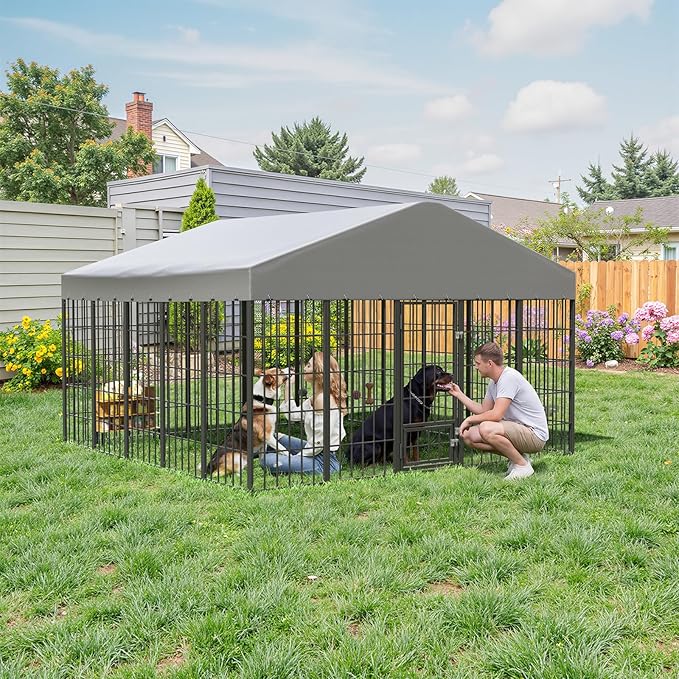 Gotland Dog Kennel Outdoor 10 x10 x6 FT, Dog Cage Outdoor for Medium/Large Dogs with Feeding Door Waterproof Roof Double Secure Locks Ground Spikes, All Weather Heavy Duty Dog Enclosure for Backyard