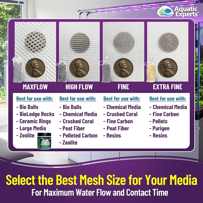 Aquatic Experts Fine Aquarium Media Bag, Durable Drawstring Bags for Fish Tank Filters, 450 Micron Mesh, (Fine, 3"x 8" - 8 Pack)
