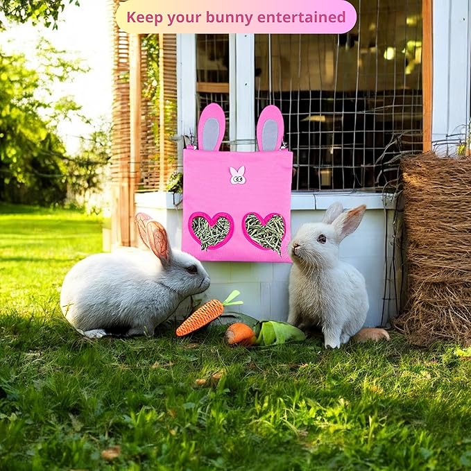 Hanging Rabbit Hay Feeder Bag with Chew Toys Set, Guinea Pig Hay Feeder, Bunny Feeders Holder Storage for Small Pets Bunnies Chinchilla Guinea Pigs Hamster Rats (Pink)