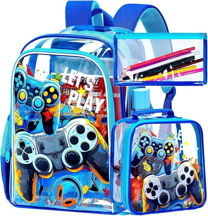 KLFVB 3PCS Clear Backpack for Girls and Boys, Kids See Through Backpacks Stadium Approved, Transparent Bookbag for Elementary