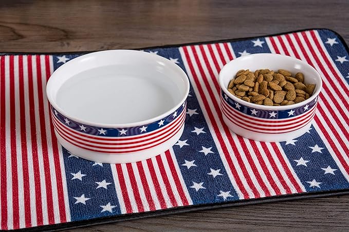 Bone Dry Ceramic Food & Water Bowls for Pets Non-Slip for Secure, Less Messy Feeding, Microwave & Dishwasher Safe, Large Set, 7.5x2.4", Stars and Stripes, 2 Count