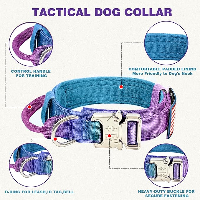 Tactical Dog Collar and Bungee Leash,Military Dog Collar & Leash Set with USA American Flag Adjustable K9 Collar with Heavy Duty Metal Buckle & Handle,with Patches and Airtags Case (Gradient, L)