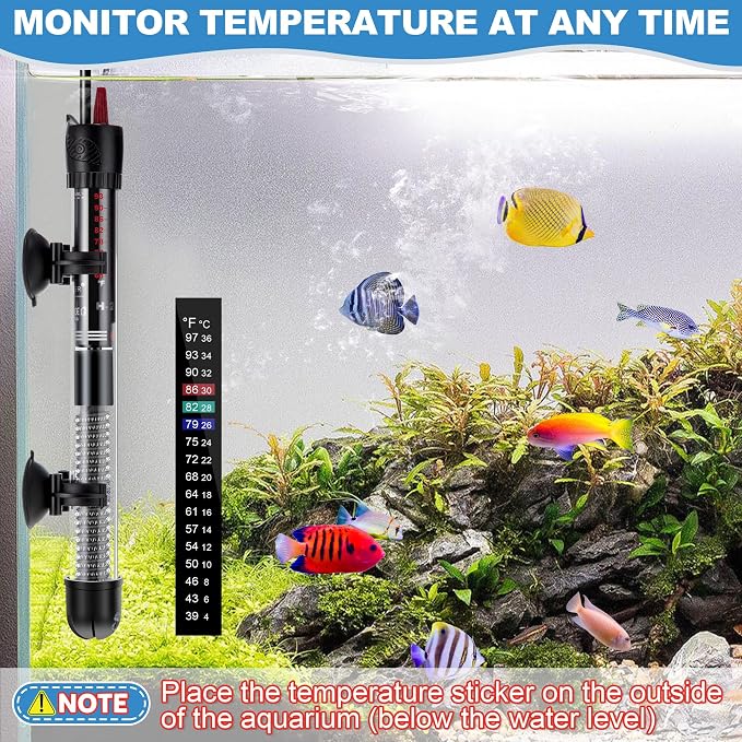 Dreyoo 2 Set 100W Submersible Aquarium Heater with 4 Thermometer Stickers | Adjustable Aquarium Fish Tank Heater with Suckers, Adjustable Knob Thermostat for Marine Saltwater and Freshwater