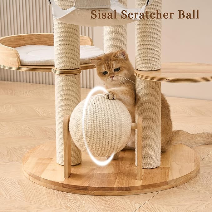 Modern Cat Tree Tower with Scratching Post for Indoor Cats Large Adult, 54 inch Tall Solid Wood Multifunctional Cat Tree Tower with Bed, Dangling Ball, Space Capsule, Scratcher Ball, Multiple Cats Use