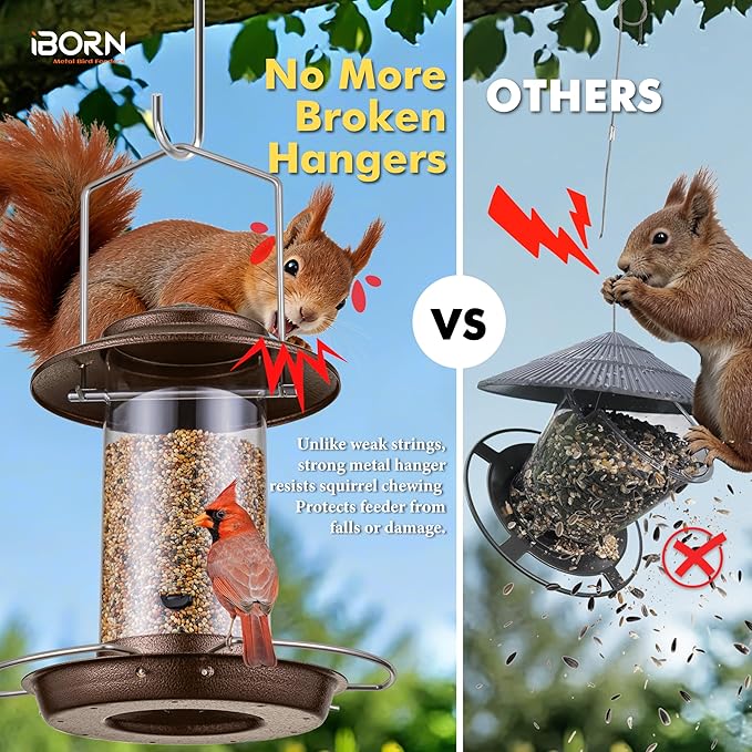 iBorn Bird Feeder Metal Squirrel Chew Proof Bird Feeders for Outdoors Hanging Outside for Cardinal, Holds 1.5LB Seed with 3 Perchs, Brushed Coffee (Seed is not Included)
