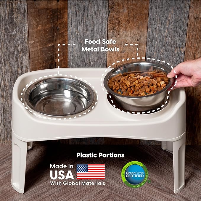 IRIS USA Elevated Dog Bowls Adjustable Stand, Raised Feeding Station with 2 Stainless Steel 64 oz Bowls, Spill Guard, Dual Height 12.25" or 4.63", Made in USA, Almond
