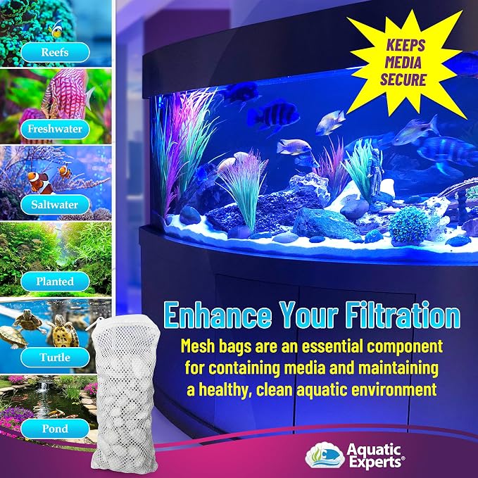 Aquatic Experts Max Flow Filter Media Bag - Durable Filter Bags for Fish Tank, Secure Aquarium Media Bag with Drawstring, Media Bags for Aquarium and Pond, Max Flow (Zipper), 8” x 12” – 3 Pack